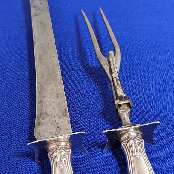 Antique British meat carving knife and fork set with sterling silver handles - Picture 5 of 8